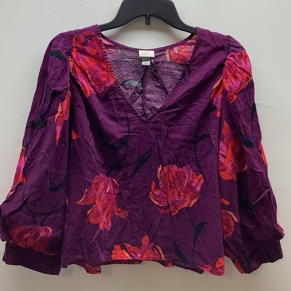 A New Day Size XL Purple and Red Bright Floral V-Neck Blouse. Preloved - Picture 1 of 6